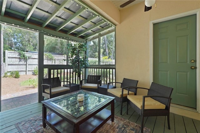 151 Raymonds Grant Trce, Saint Simons Island, GA 31522 - sunroom featuring outdoor lounge area, ceiling fan, and healthy amount of natural light