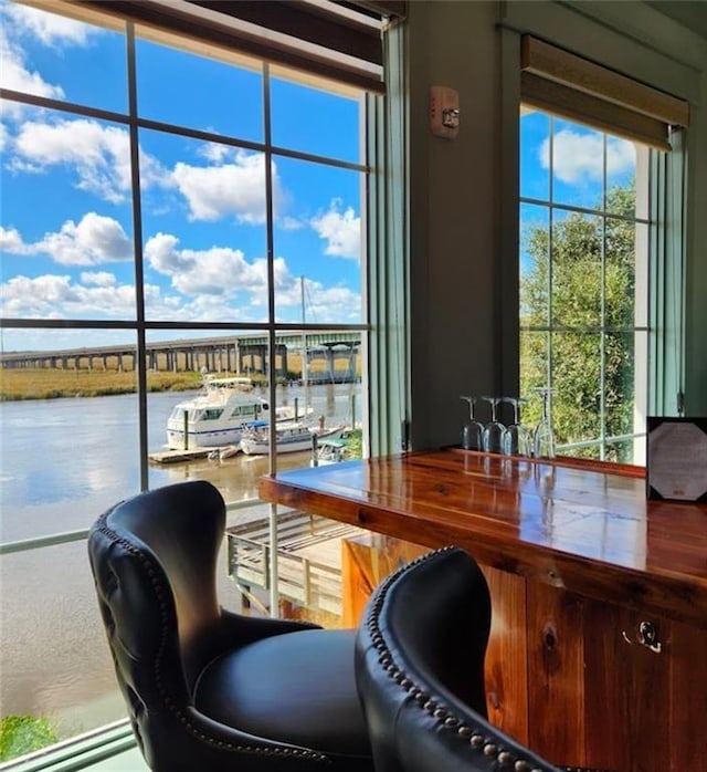 home office featuring a water view