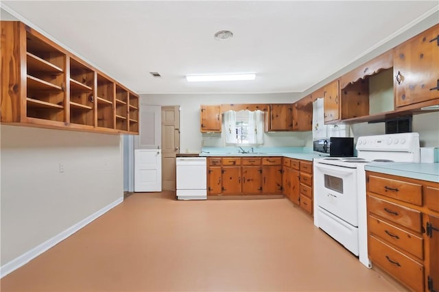 kitchen featuring white appliances, baseboards, brown cabinetry, light countertops, and open shelves