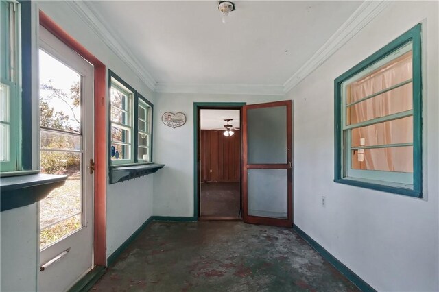 kitchen with white appliances and ornamental molding