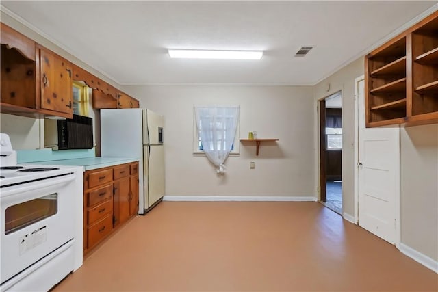 kitchen featuring white appliances, visible vents, brown cabinetry, light countertops, and open shelves