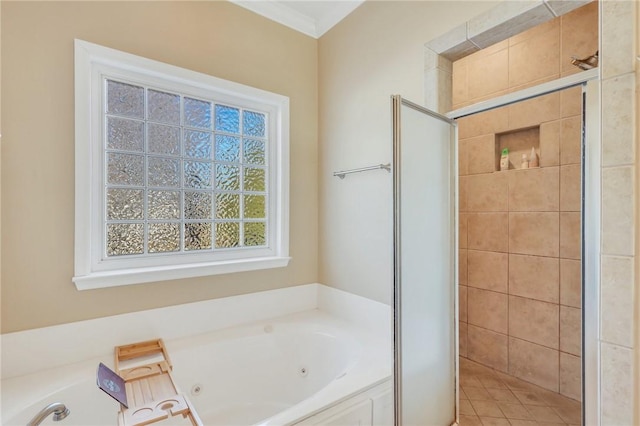 bathroom featuring independent shower and bath and ornamental molding