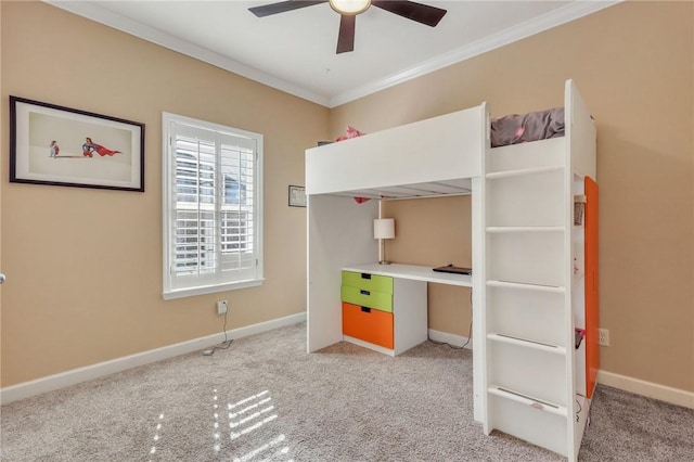 unfurnished bedroom with crown molding, light carpet, and ceiling fan