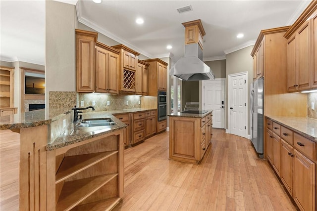 kitchen featuring island range hood, a peninsula, stainless steel appliances, open shelves, and a sink