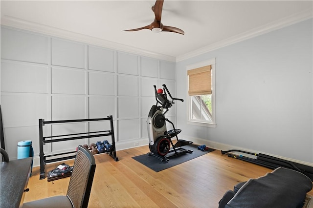 exercise area with hardwood / wood-style floors, ceiling fan, and ornamental molding