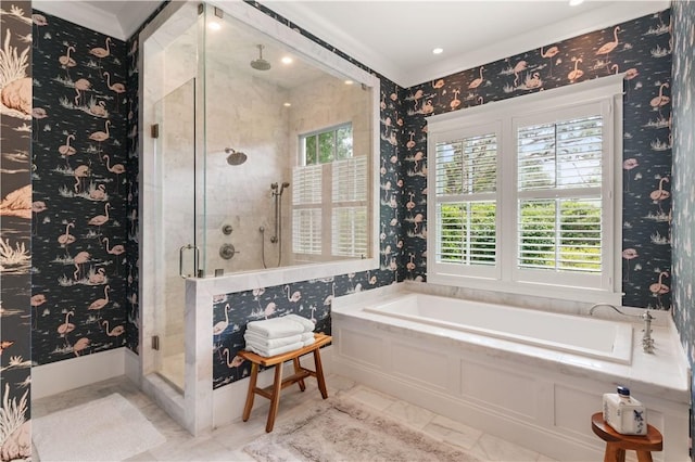 bathroom with shower with separate bathtub, crown molding, and a healthy amount of sunlight