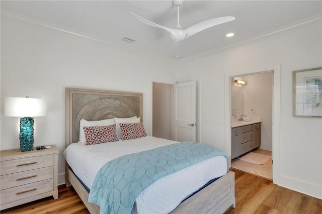 bedroom with light hardwood / wood-style flooring, ceiling fan, and ornamental molding