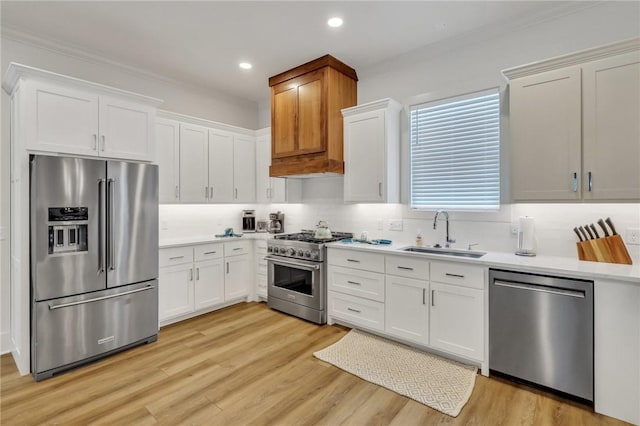 kitchen featuring decorative backsplash, light wood-type flooring, premium appliances, sink, and white cabinetry