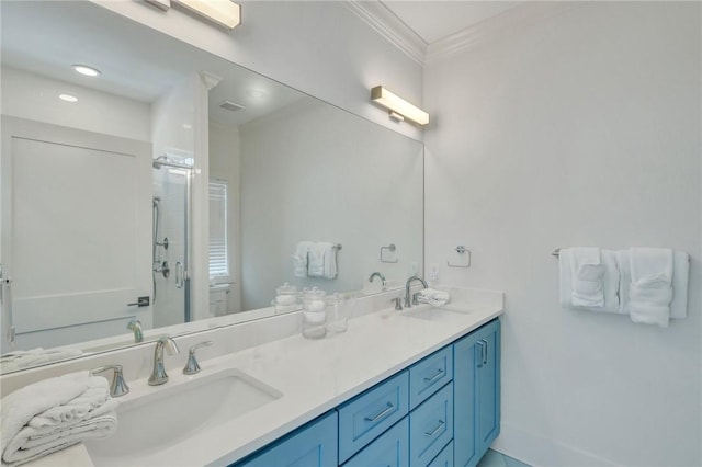 bathroom featuring a shower, vanity, and ornamental molding