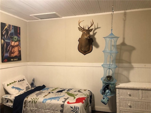 6644 New Jesup Hwy, Brunswick, GA 31523 - bedroom featuring attic access, ornamental molding, a wainscoted wall, and wooden ceiling