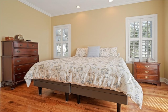 bedroom featuring ornamental molding, recessed lighting, baseboards, and light wood finished floors