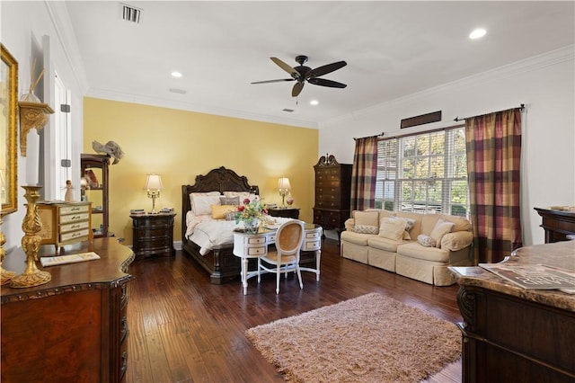 bedroom featuring ceiling fan, crown molding, and dark wood-type flooring