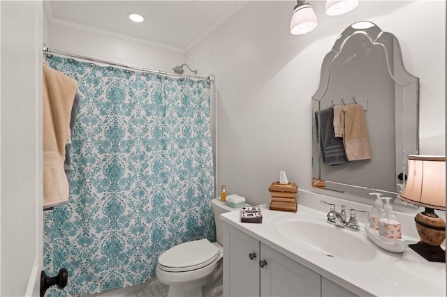 bathroom featuring a shower with curtain, vanity, toilet, and crown molding