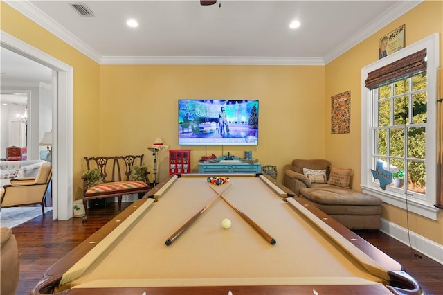 recreation room with dark hardwood / wood-style flooring, ornamental molding, and billiards