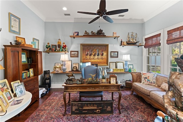 office area featuring dark hardwood / wood-style flooring, ceiling fan, and crown molding