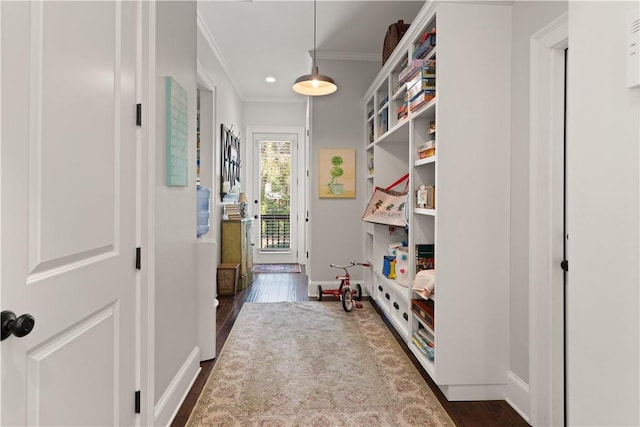 interior space with dark hardwood / wood-style floors and crown molding