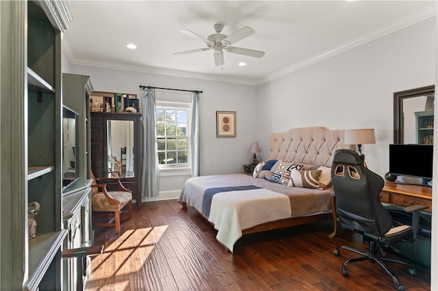 bedroom with ceiling fan, dark hardwood / wood-style flooring, and ornamental molding