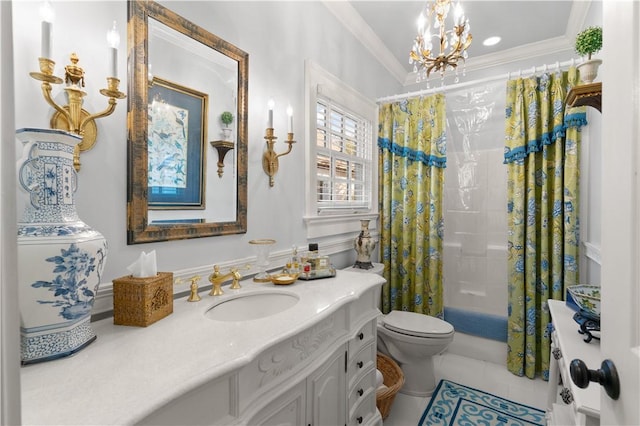 full bathroom with ornamental molding, vanity, shower / tub combo with curtain, tile patterned flooring, and toilet