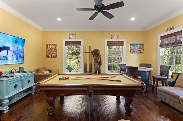 playroom with dark hardwood / wood-style floors, crown molding, and billiards