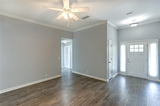 30 Bridgewater Way, Brunswick, GA 31525 - foyer with dark wood-type flooring, a ceiling fan, ornamental molding, and baseboards