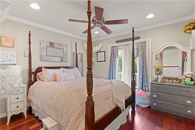 bedroom with dark hardwood / wood-style flooring, ceiling fan, access to exterior, and ornamental molding