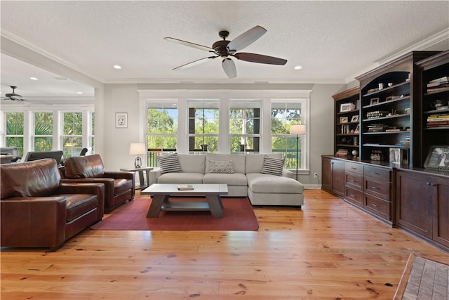 living room with crown molding, light wood-type flooring, and a textured ceiling