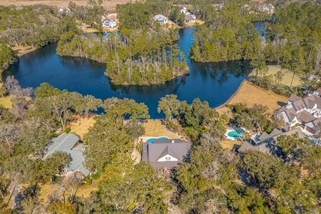 drone / aerial view with a water view