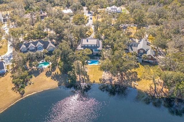 drone / aerial view with a water view