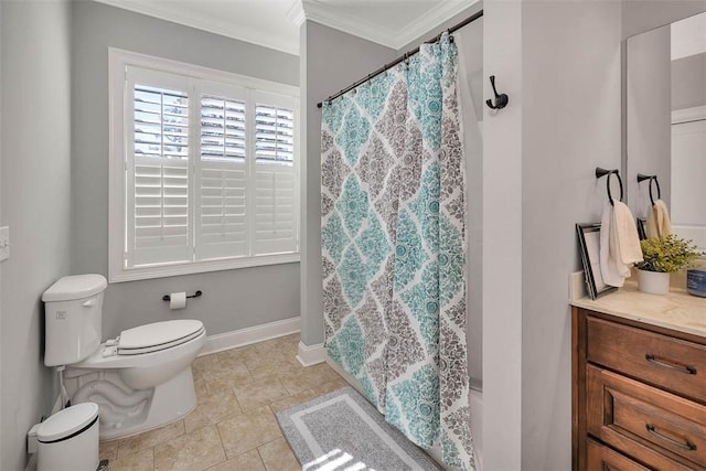 bathroom with walk in shower, tile patterned flooring, crown molding, toilet, and vanity