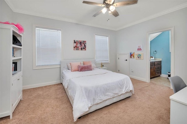 bedroom with light carpet, ceiling fan, and ornamental molding