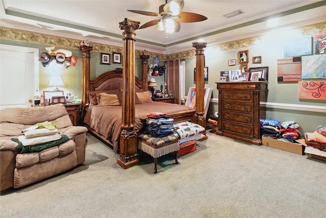 bedroom featuring carpet, ceiling fan, and ornamental molding