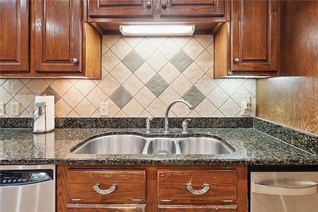 kitchen with backsplash, dishwasher, sink, and dark stone counters