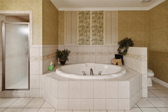 bathroom featuring toilet, separate shower and tub, and tile patterned floors