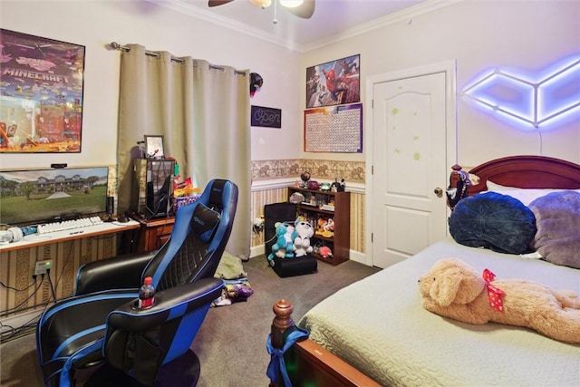 bedroom with carpet floors, ceiling fan, and crown molding