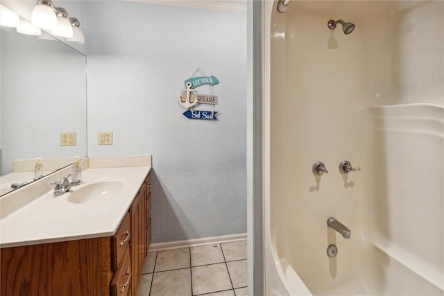 bathroom with tile patterned floors, vanity, and shower / bathing tub combination