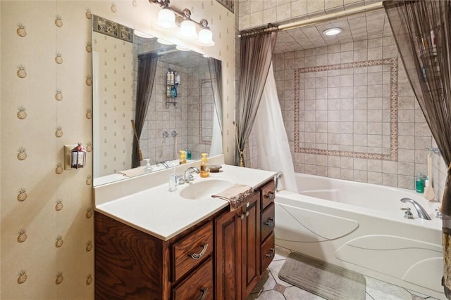 bathroom featuring shower / bath combination with curtain, vanity, and tile patterned floors