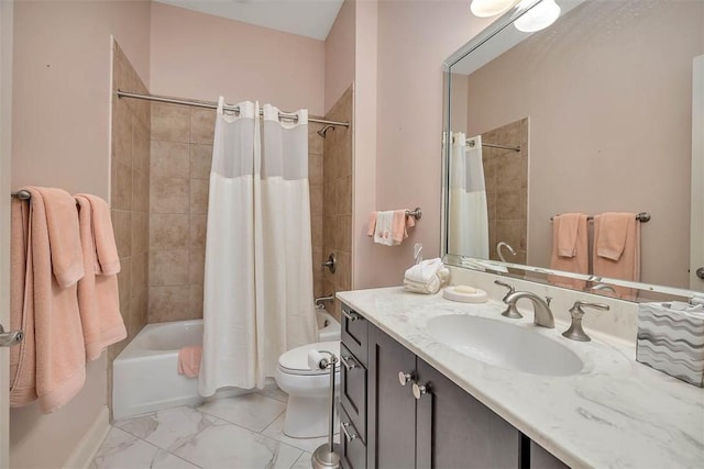 2306 Grand View Dr, Saint Simons Island, GA 31522 - full bath featuring vanity, shower / bath combination with curtain, toilet, and marble finish floors