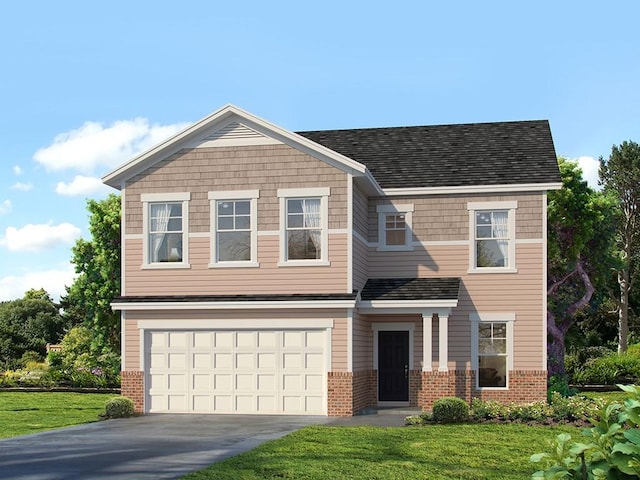 view of front facade with a garage, a front lawn, concrete driveway, and brick siding