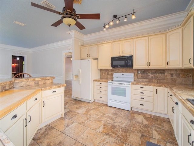 kitchen with white appliances, ceiling fan, decorative backsplash, ornamental molding, and cream cabinetry