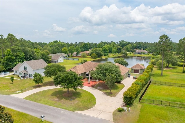 drone / aerial view with a water view