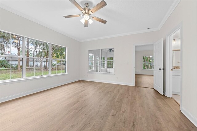 spare room with ceiling fan, ornamental molding, and light wood-type flooring