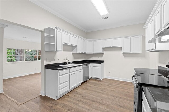 kitchen featuring black range with electric stovetop, sink, stainless steel dishwasher, light wood-type flooring, and white cabinetry