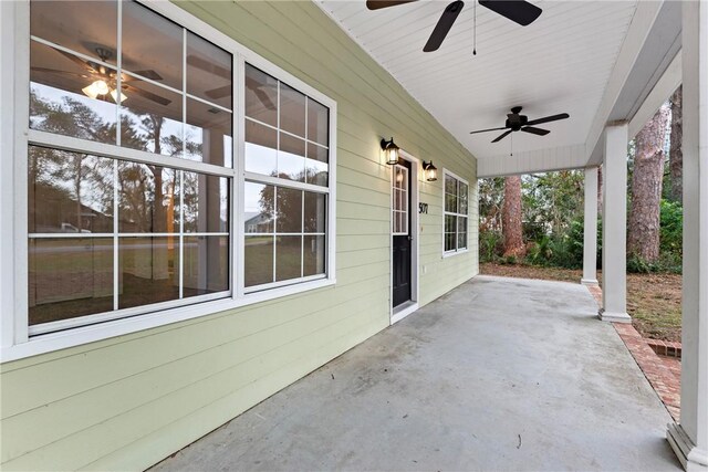 view of patio / terrace featuring ceiling fan and a porch