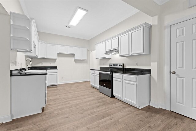 kitchen with white cabinets, electric range, light hardwood / wood-style flooring, and sink