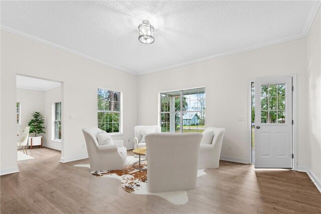 unfurnished dining area featuring crown molding, hardwood / wood-style floors, and a textured ceiling