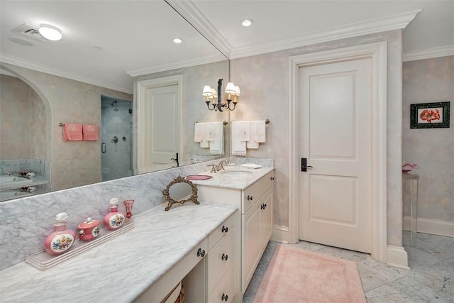 bathroom with vanity, a chandelier, an enclosed shower, and ornamental molding