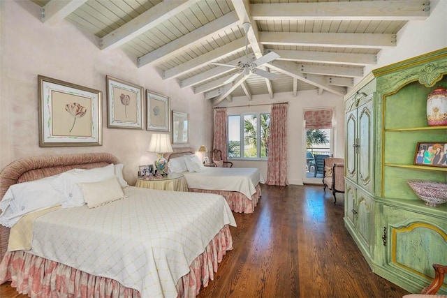 bedroom with vaulted ceiling with beams, ceiling fan, dark wood-type flooring, and access to outside