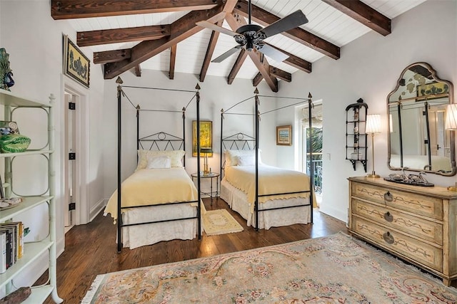 bedroom with wood ceiling, lofted ceiling with beams, and dark hardwood / wood-style floors