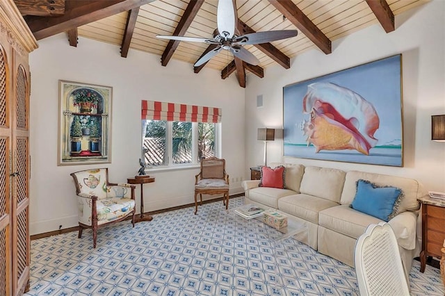 living room with ceiling fan, lofted ceiling with beams, and wooden ceiling