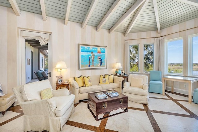 interior space featuring wood ceiling and lofted ceiling with beams